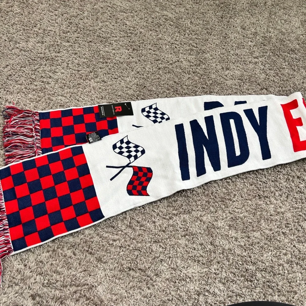 Indy Eleven Racing Scarf White Red Blue Checkered Flags Fringe‎ Knit